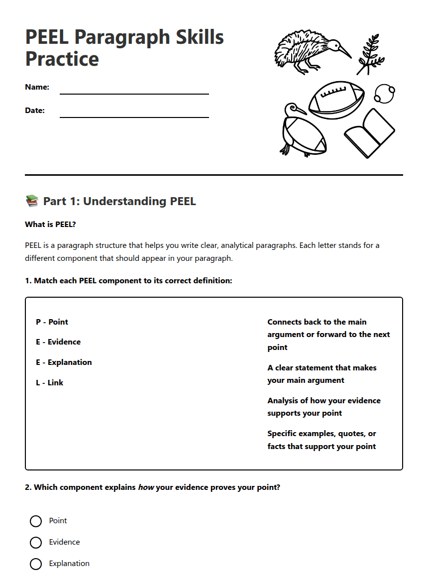 PEEL Paragraph Skills Practice worksheet preview