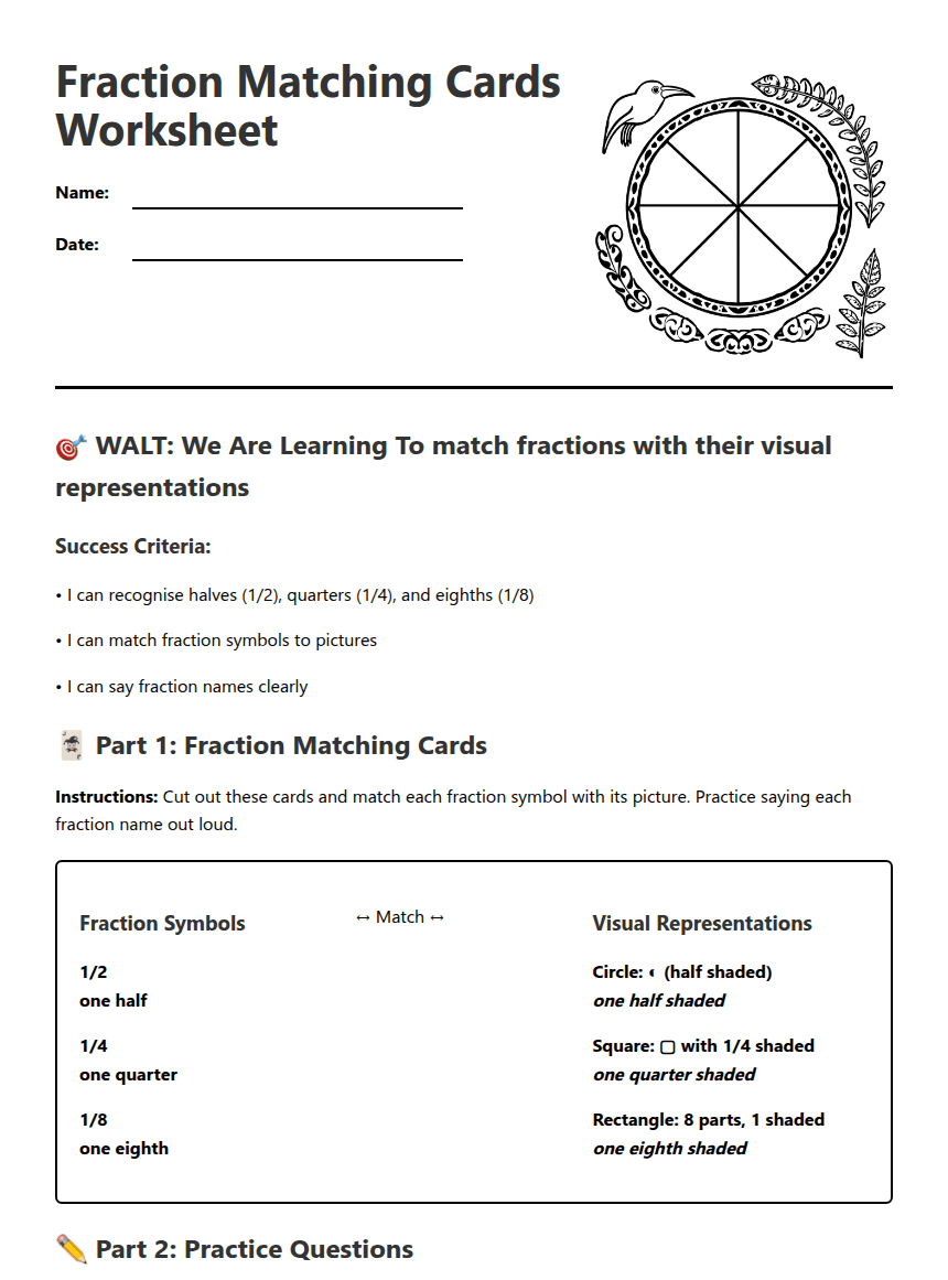 Fraction Matching Cards Worksheet worksheet preview