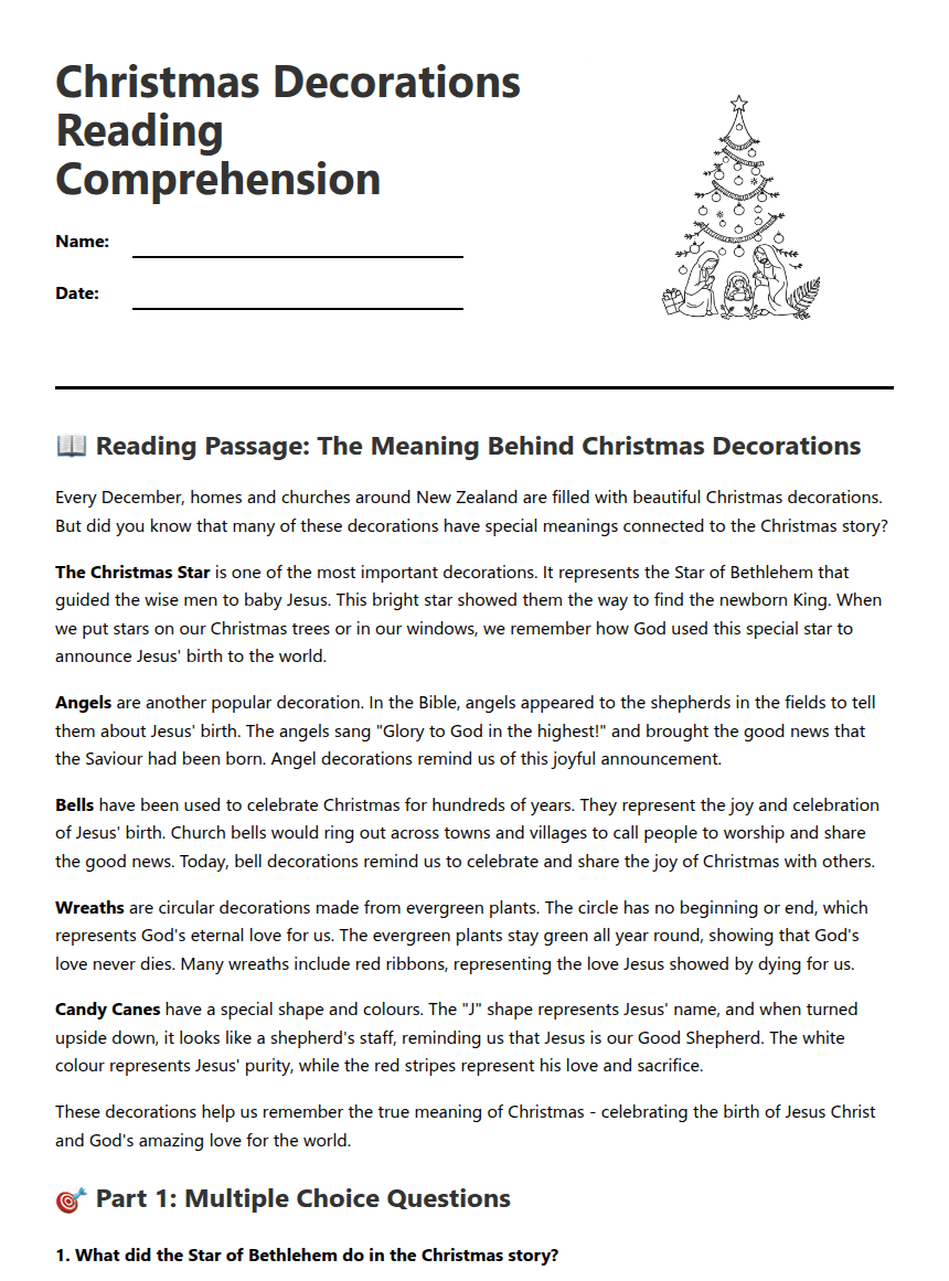 Christmas Decorations Reading Comprehension worksheet preview