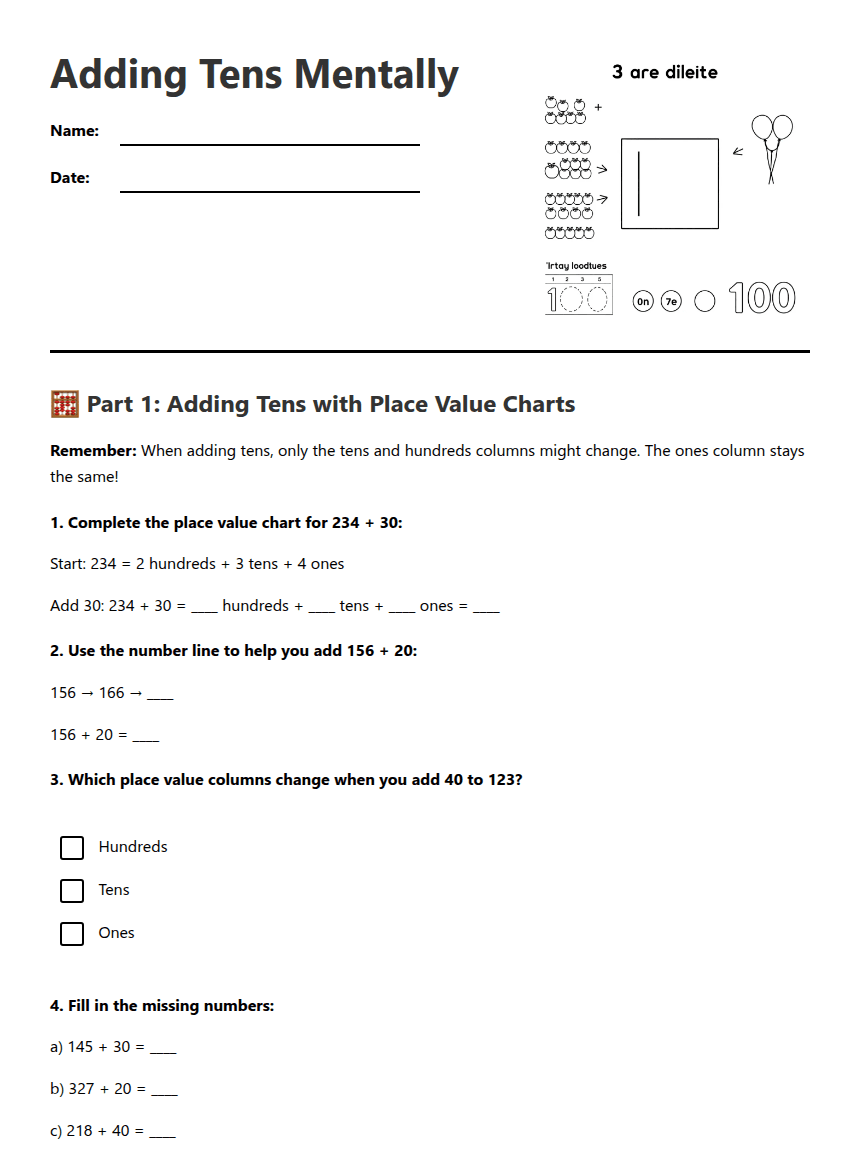 Adding Tens Mentally worksheet preview