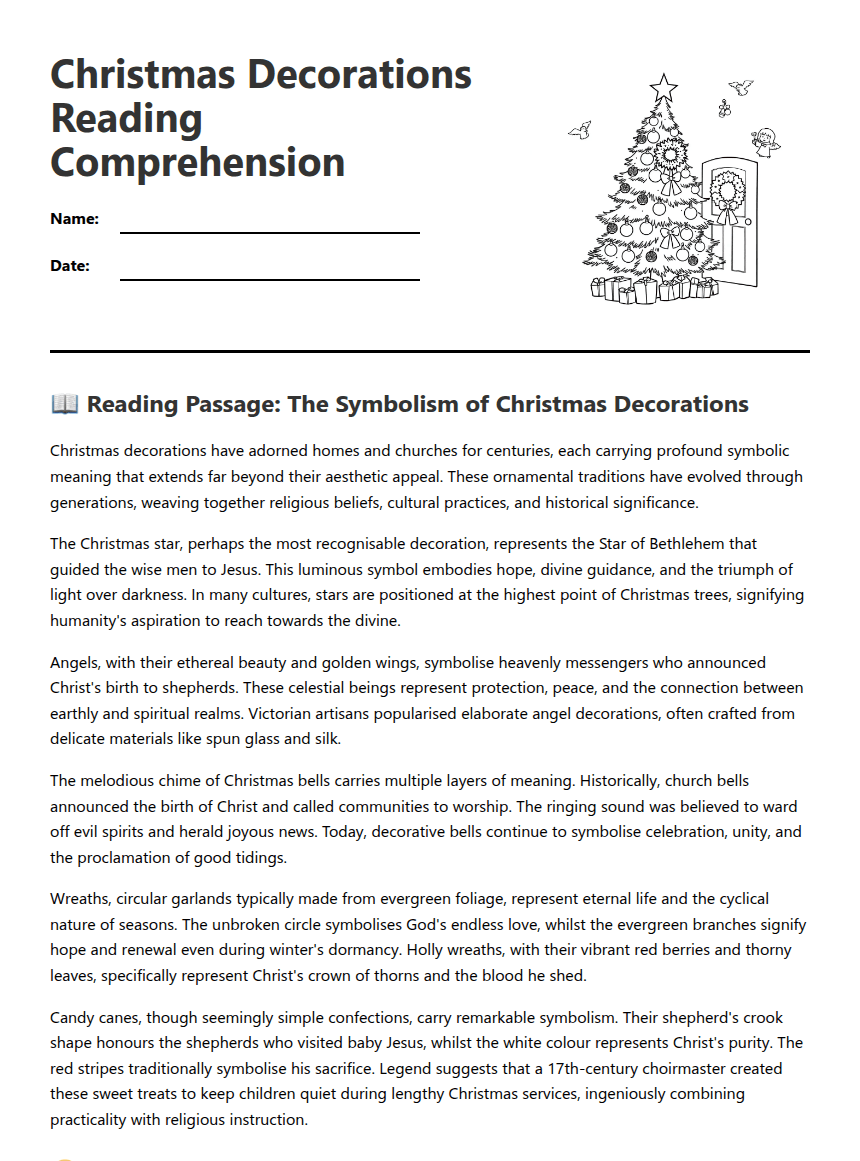 Christmas Decorations Reading Comprehension worksheet preview