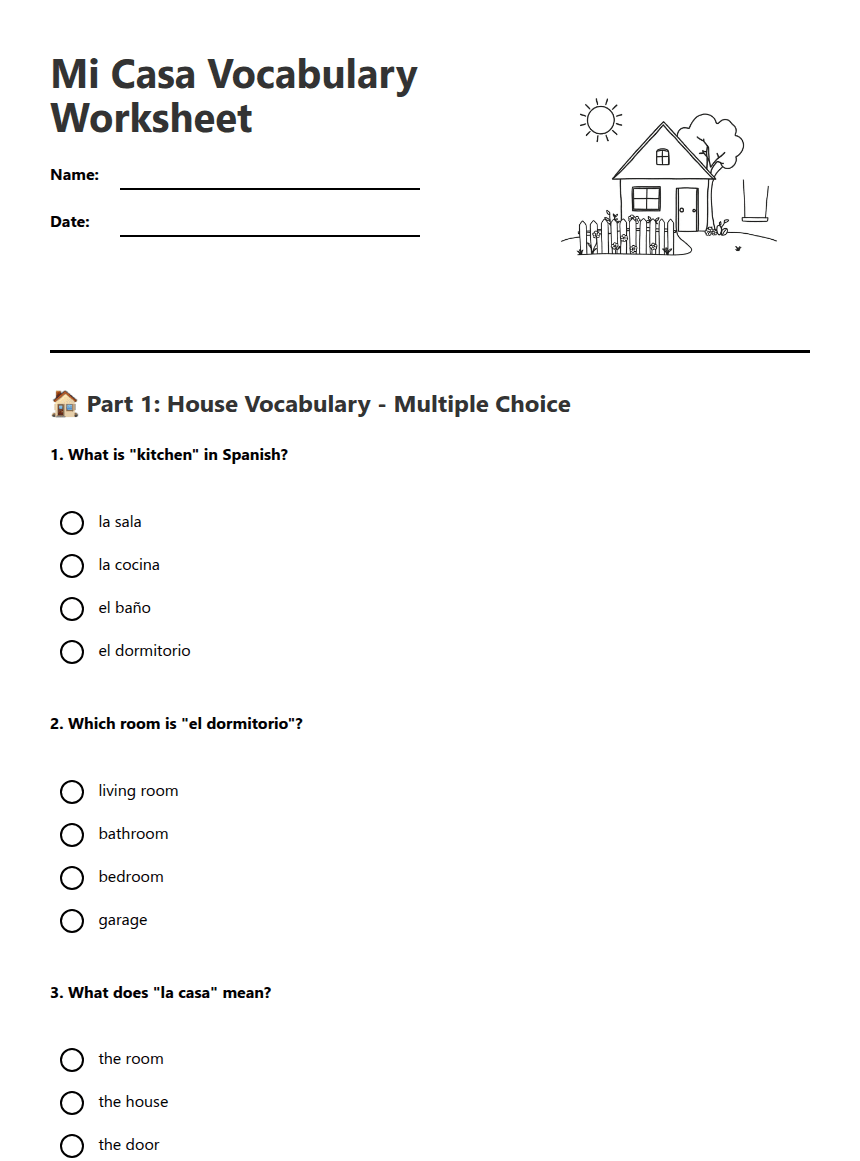 Mi Casa Vocabulary Worksheet worksheet preview