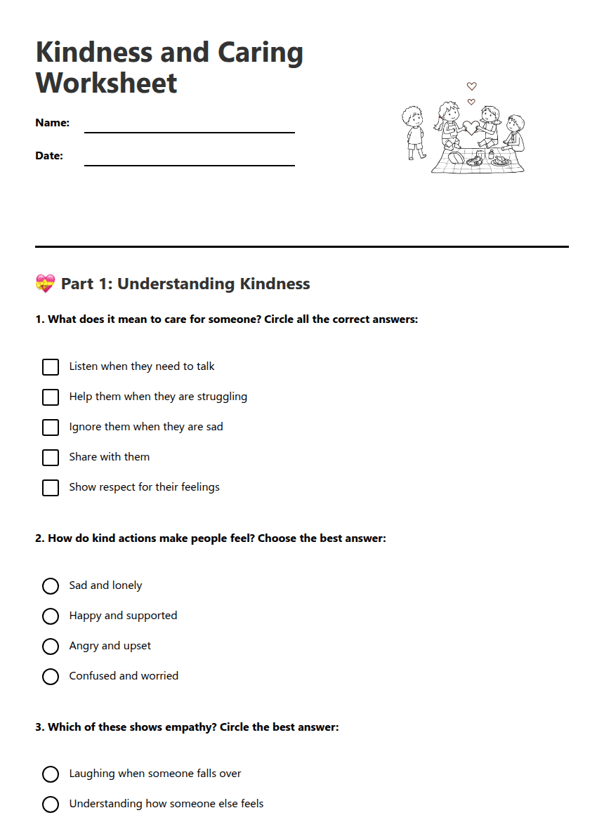 Kindness and Caring Worksheet worksheet preview