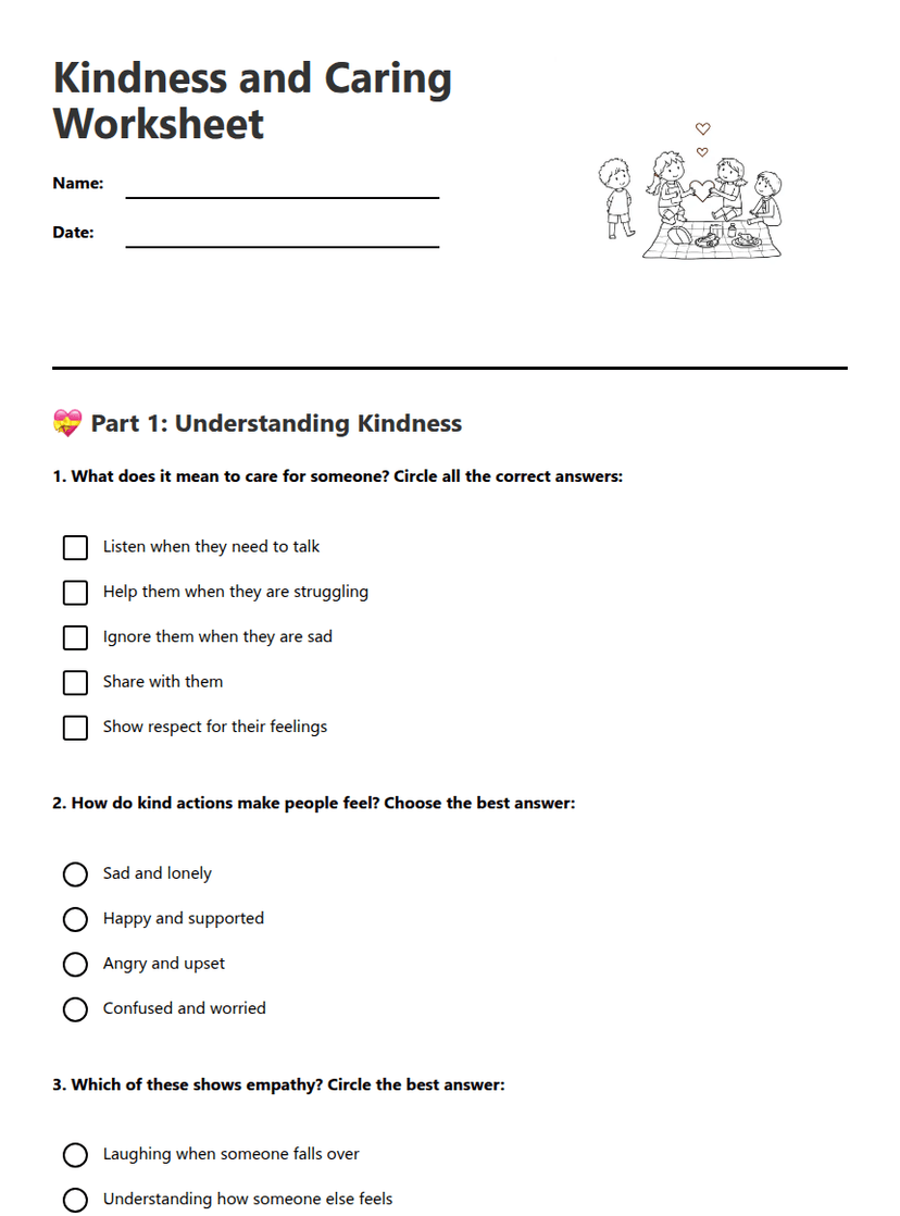 Kindness and Caring Worksheet