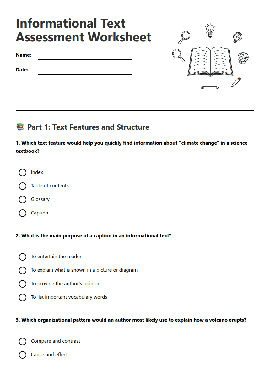 Informational Text Assessment Worksheet worksheet preview