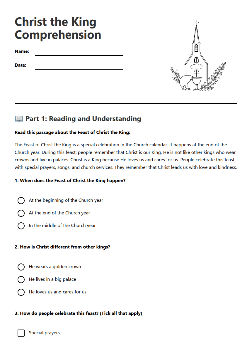 Christ the King Comprehension worksheet preview