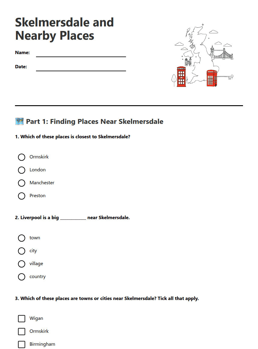 Skelmersdale and Nearby Places worksheet preview
