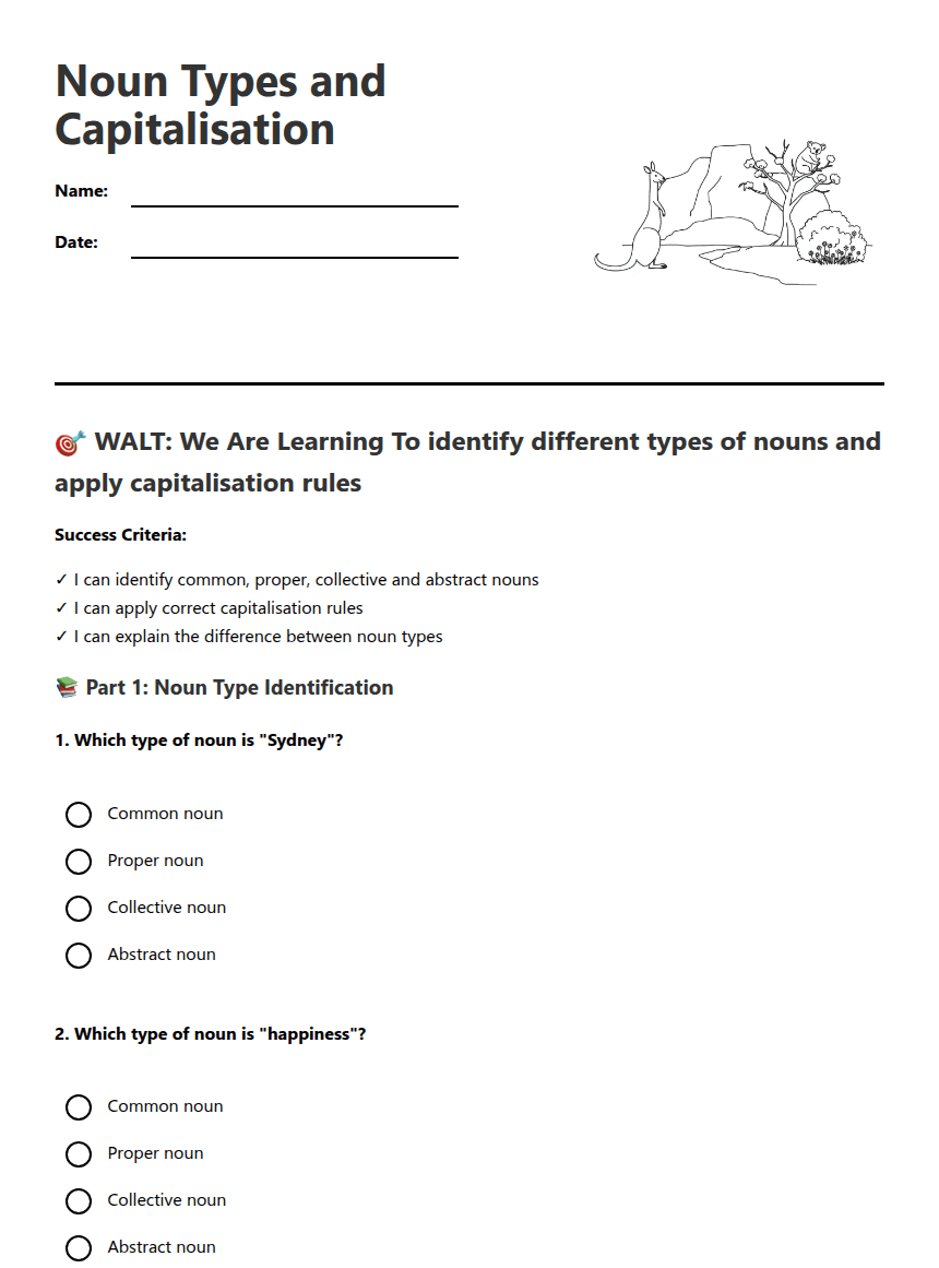 Noun Types and Capitalisation worksheet preview