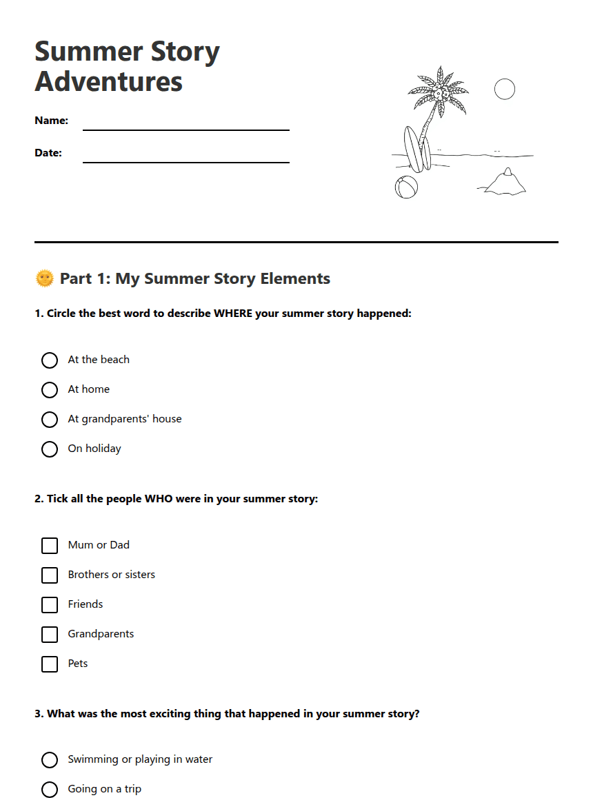 Summer Story Adventures worksheet preview