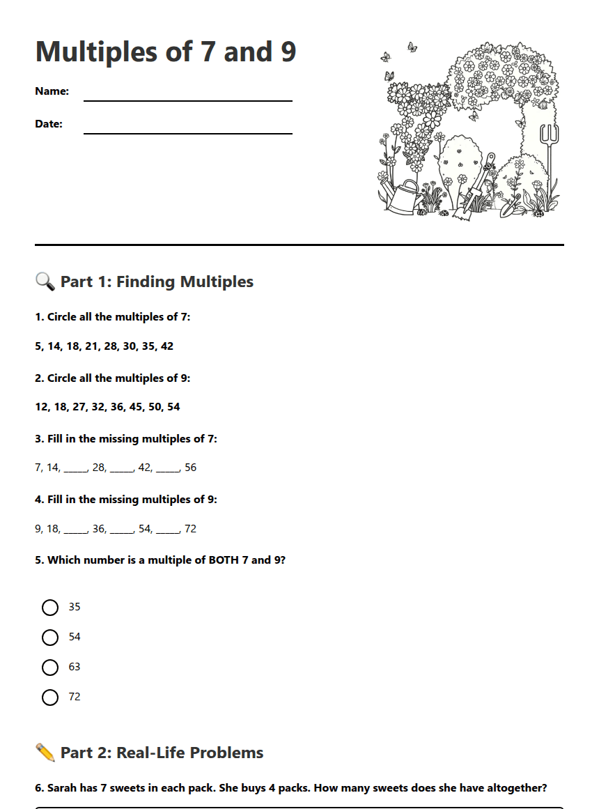 Multiples of 7 and 9 worksheet preview
