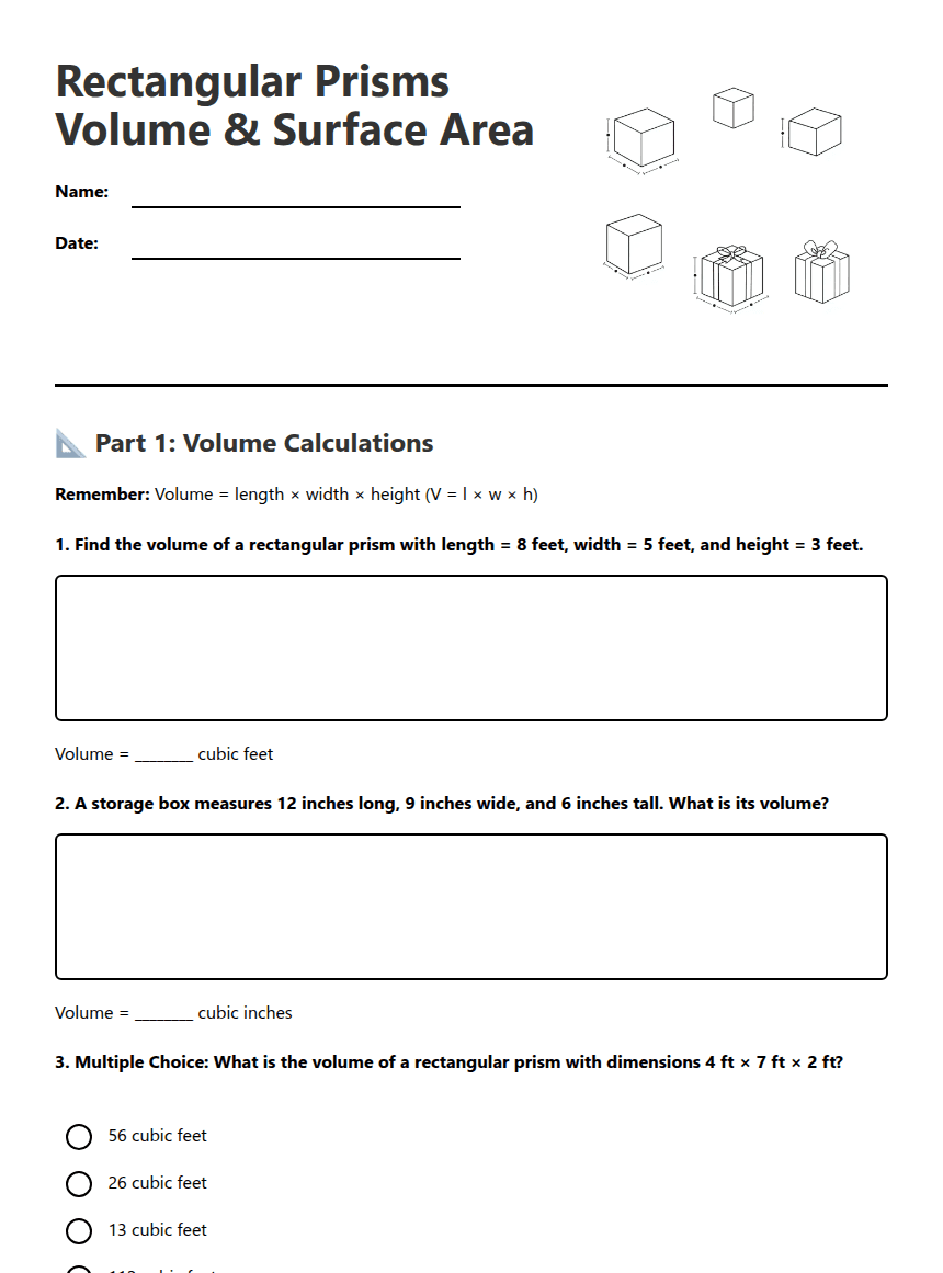 Rectangular Prisms Volume & Surface worksheet preview
