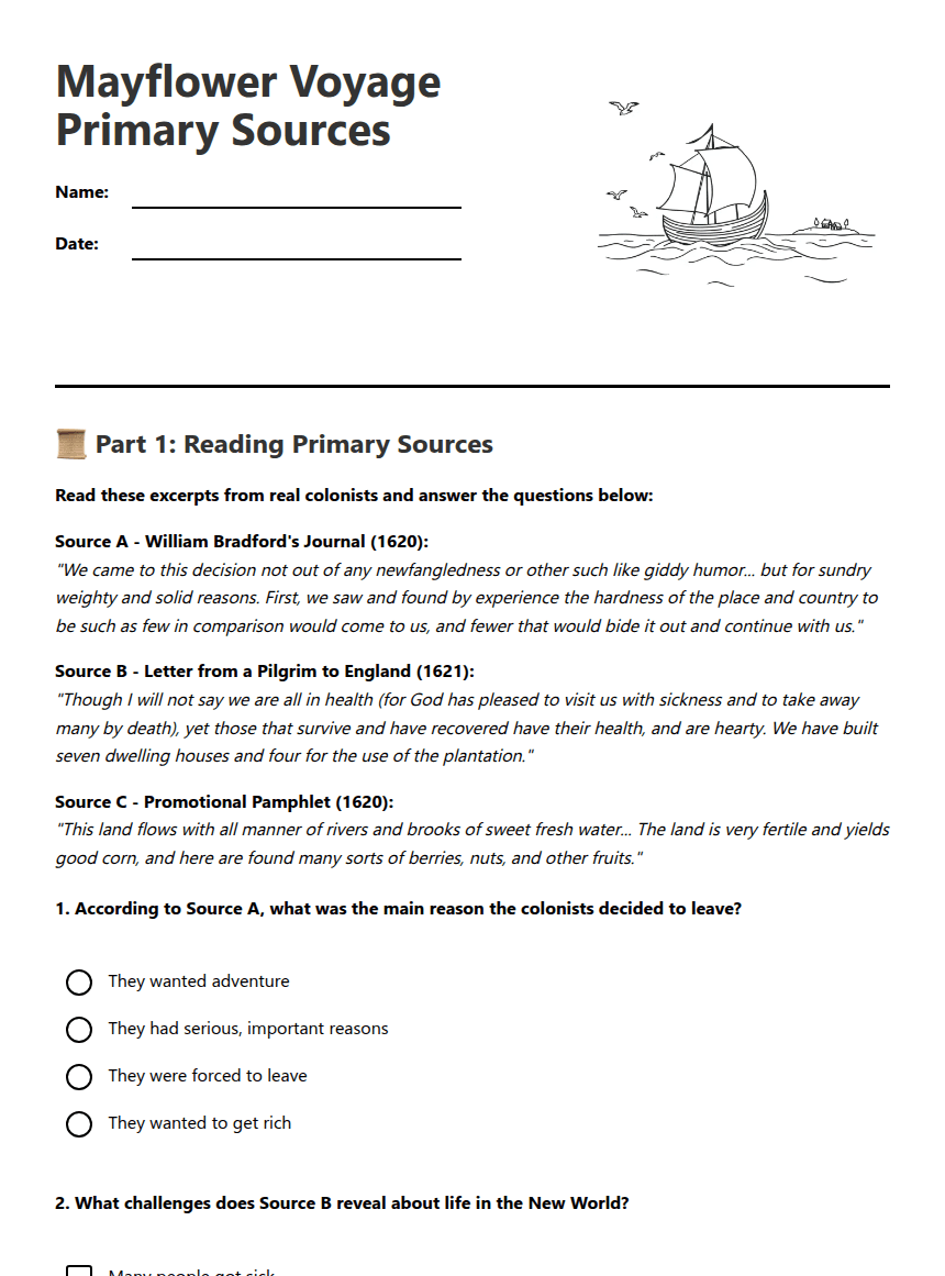 Mayflower Voyage Primary Sources worksheet preview