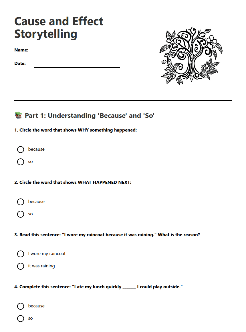 Cause and Effect Storytelling worksheet preview