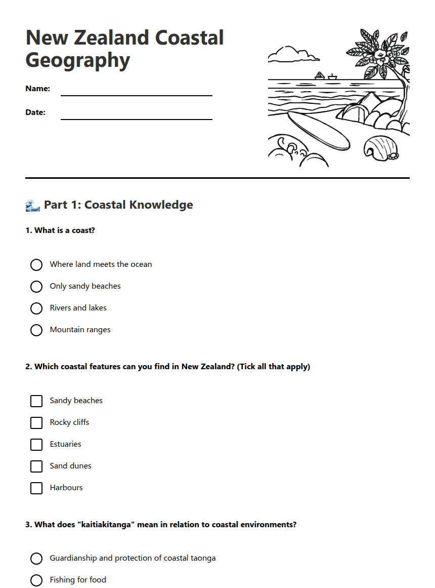 New Zealand Coastal Geography worksheet preview