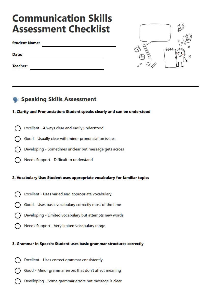 Communication Skills Assessment Checklist worksheet preview