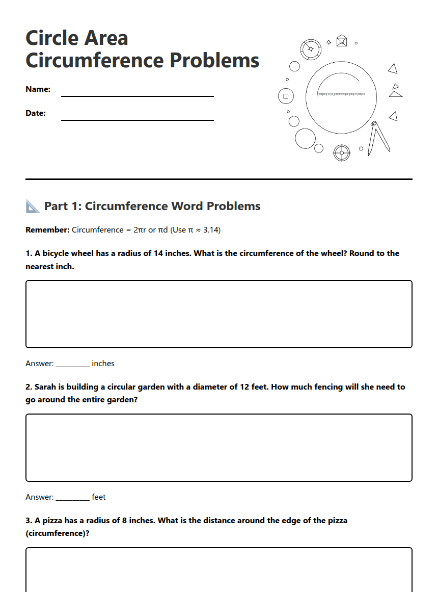 Circle Area Circumference Problems worksheet preview