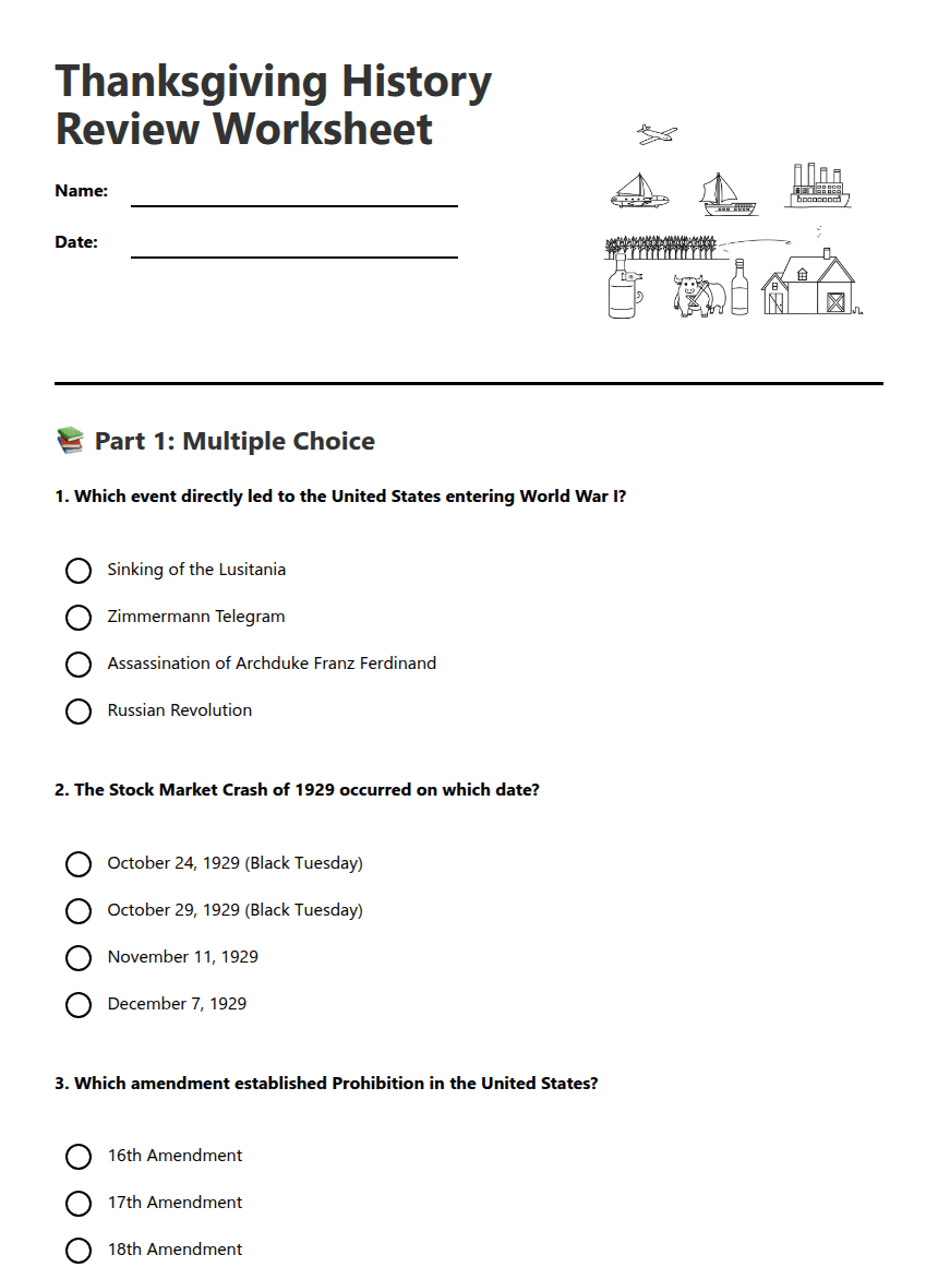 Thanksgiving History Review Worksheet worksheet preview