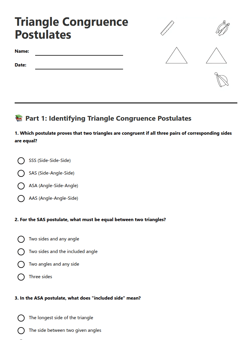 Triangle Congruence Postulates worksheet preview
