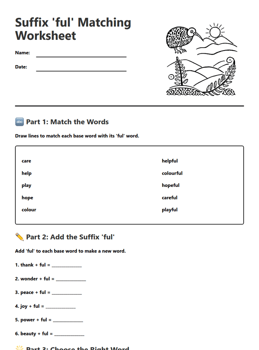 Suffix 'ful' Matching Worksheet