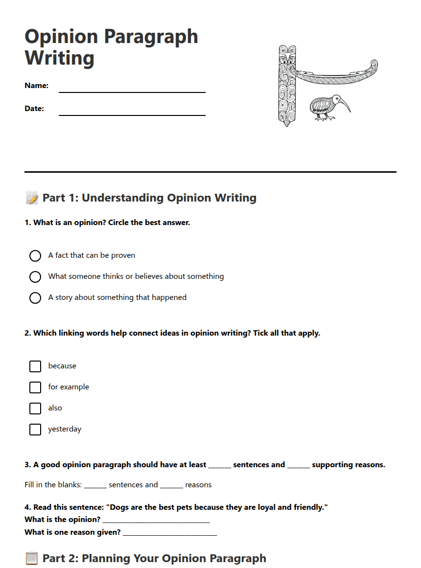 Opinion Paragraph Writing worksheet preview