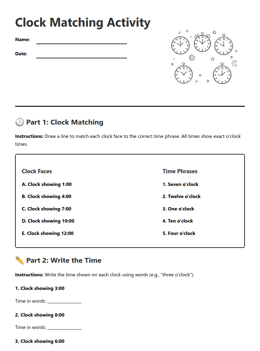 Clock Matching Activity worksheet preview