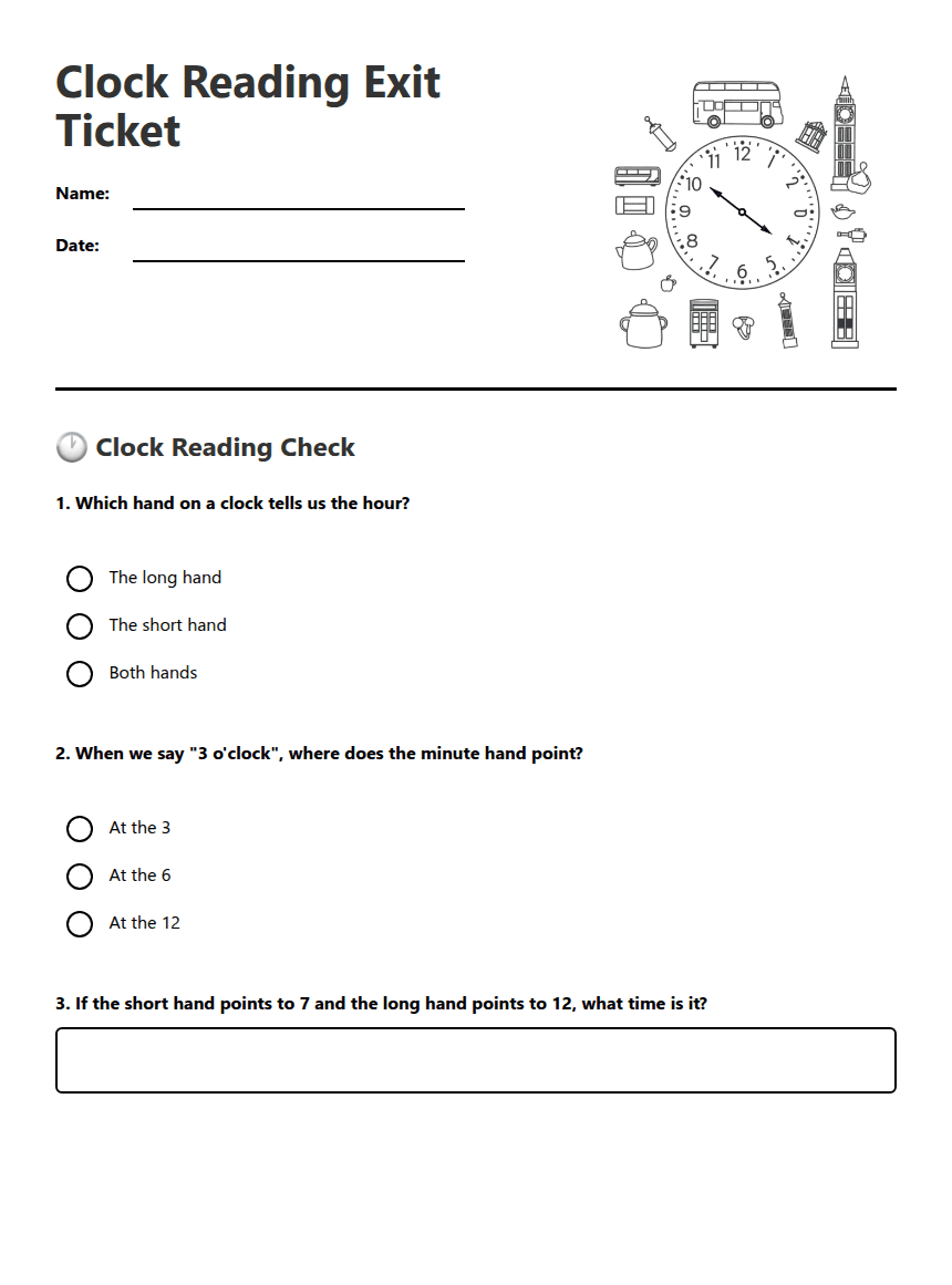 Clock Reading Exit Ticket worksheet preview