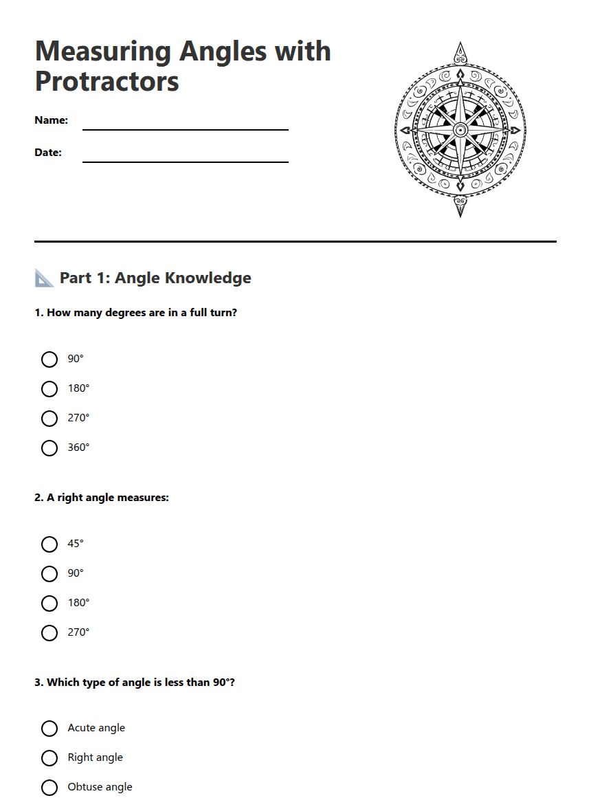 Measuring Angles with Protractors worksheet preview