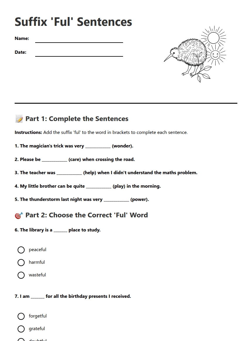 Suffix 'Ful' Sentences worksheet preview