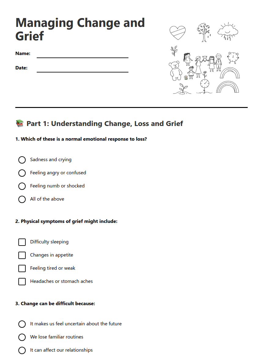 Managing Change and Grief worksheet preview
