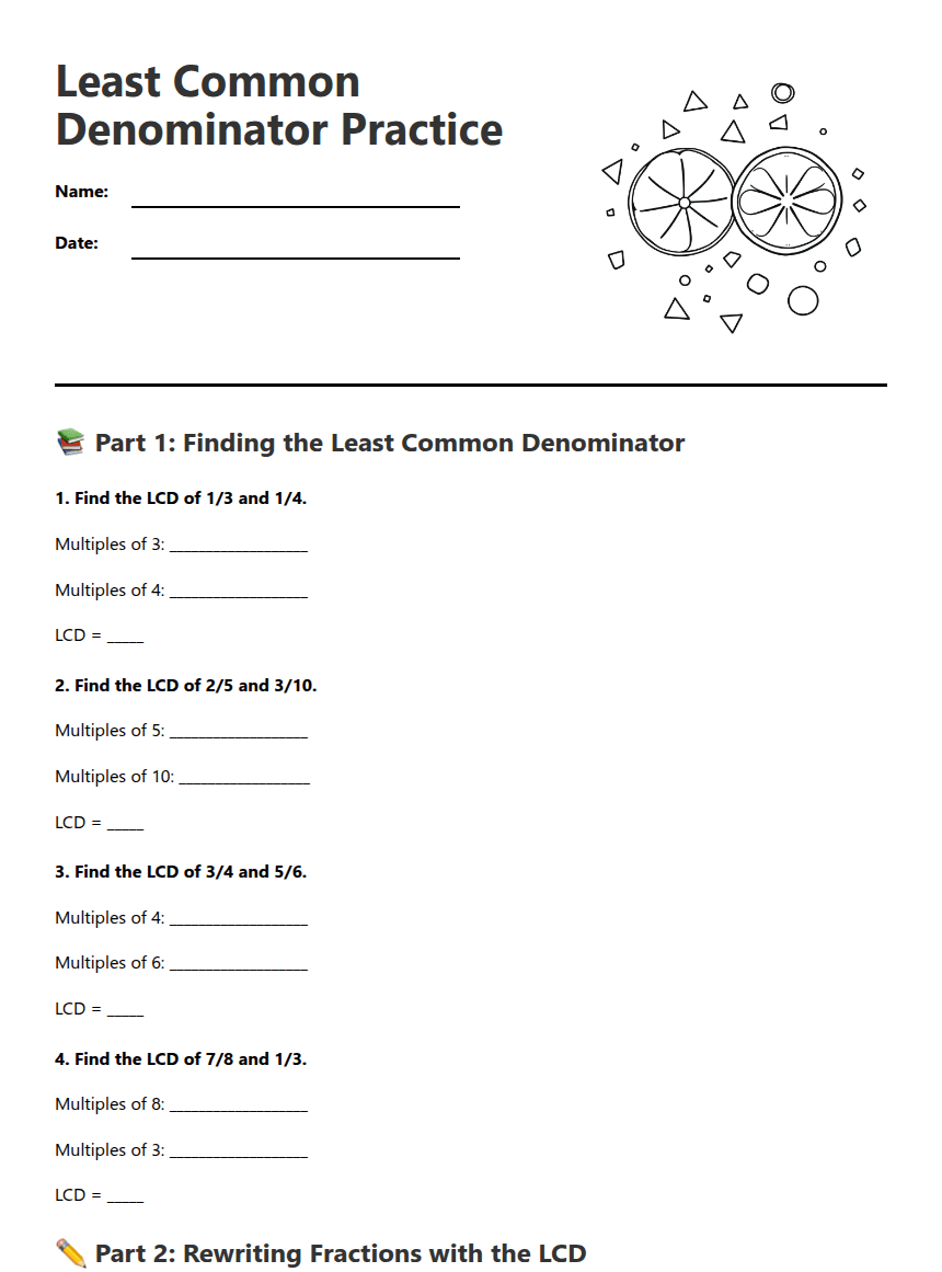Least Common Denominator Practice worksheet preview