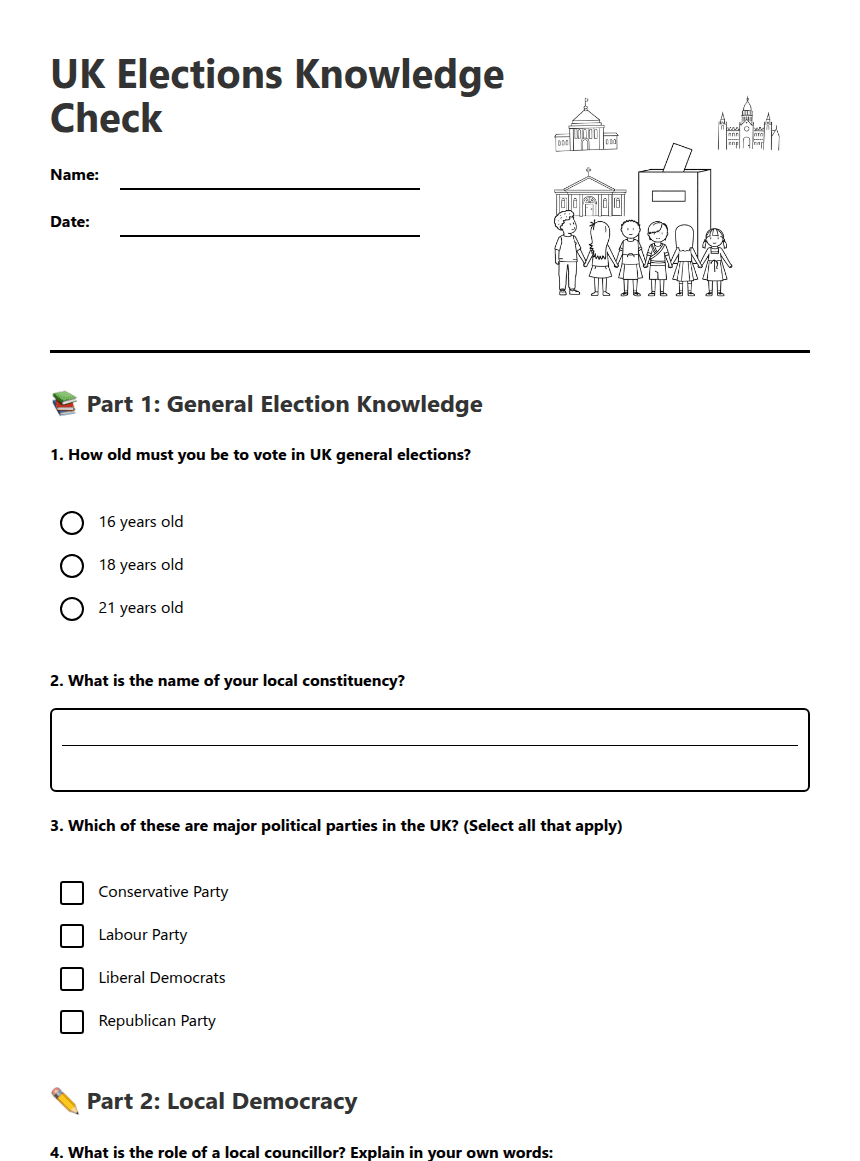 UK Elections Knowledge Check worksheet preview