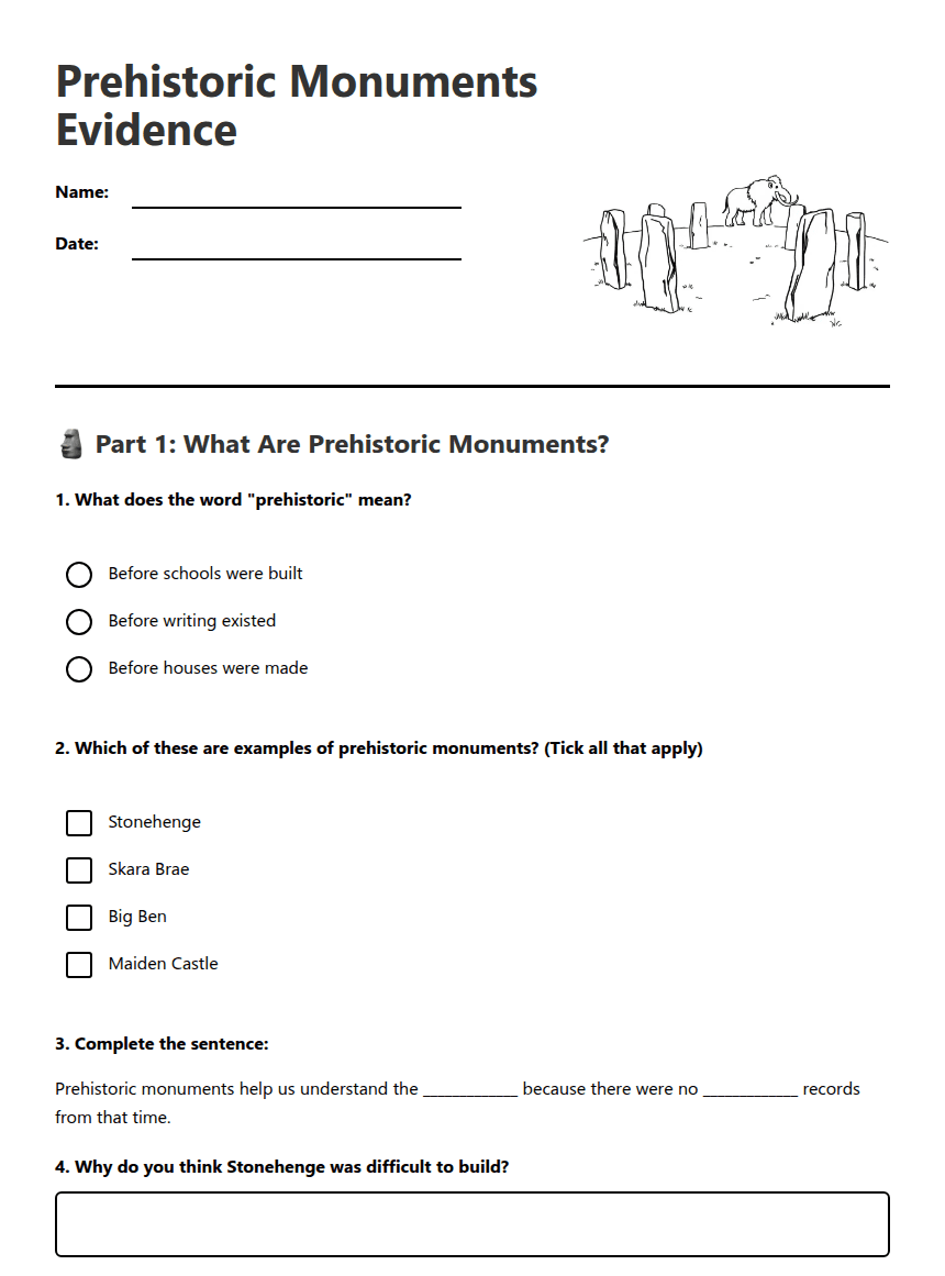 Prehistoric Monuments Evidence worksheet preview