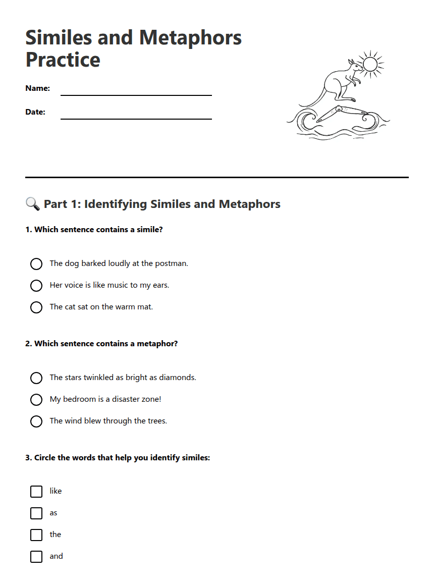 Similes and Metaphors Practice worksheet preview