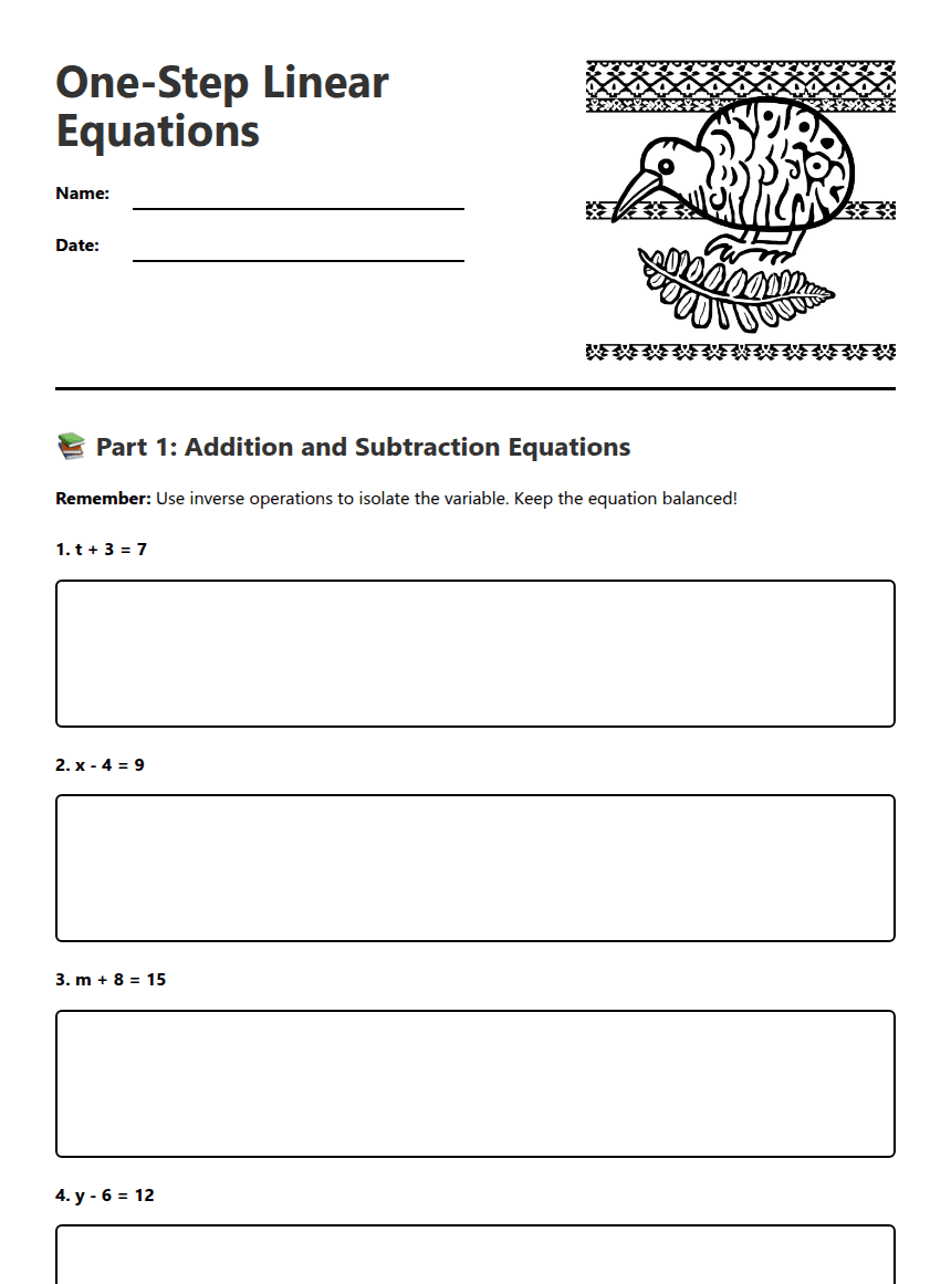 One-Step Linear Equations worksheet preview