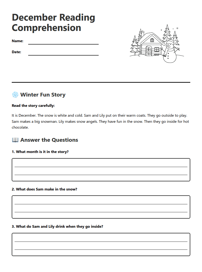 December Reading Comprehension worksheet preview