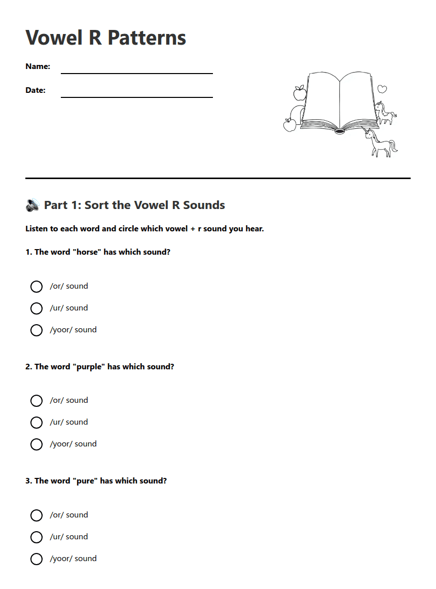 Vowel R Patterns worksheet preview