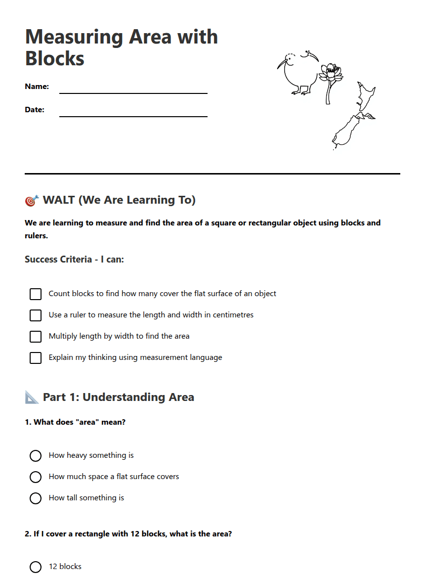 Measuring Area with Blocks worksheet preview