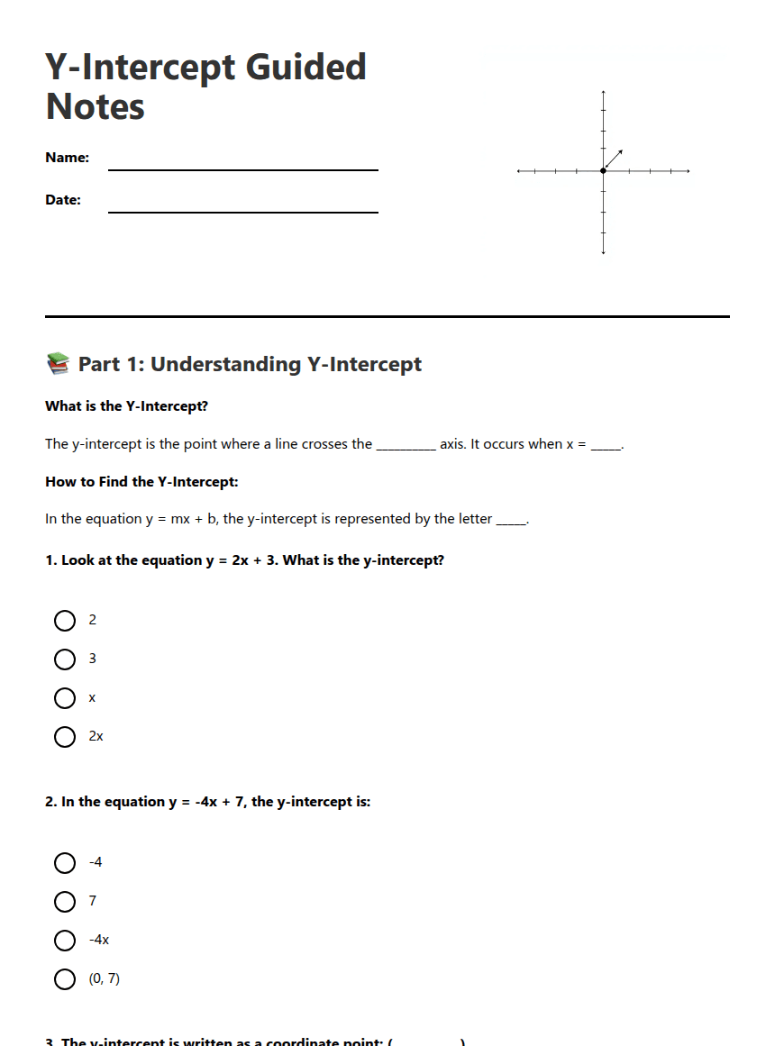 Y-Intercept Guided Notes worksheet preview