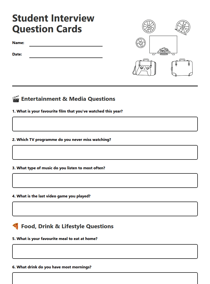 Student Interview Question Cards worksheet preview