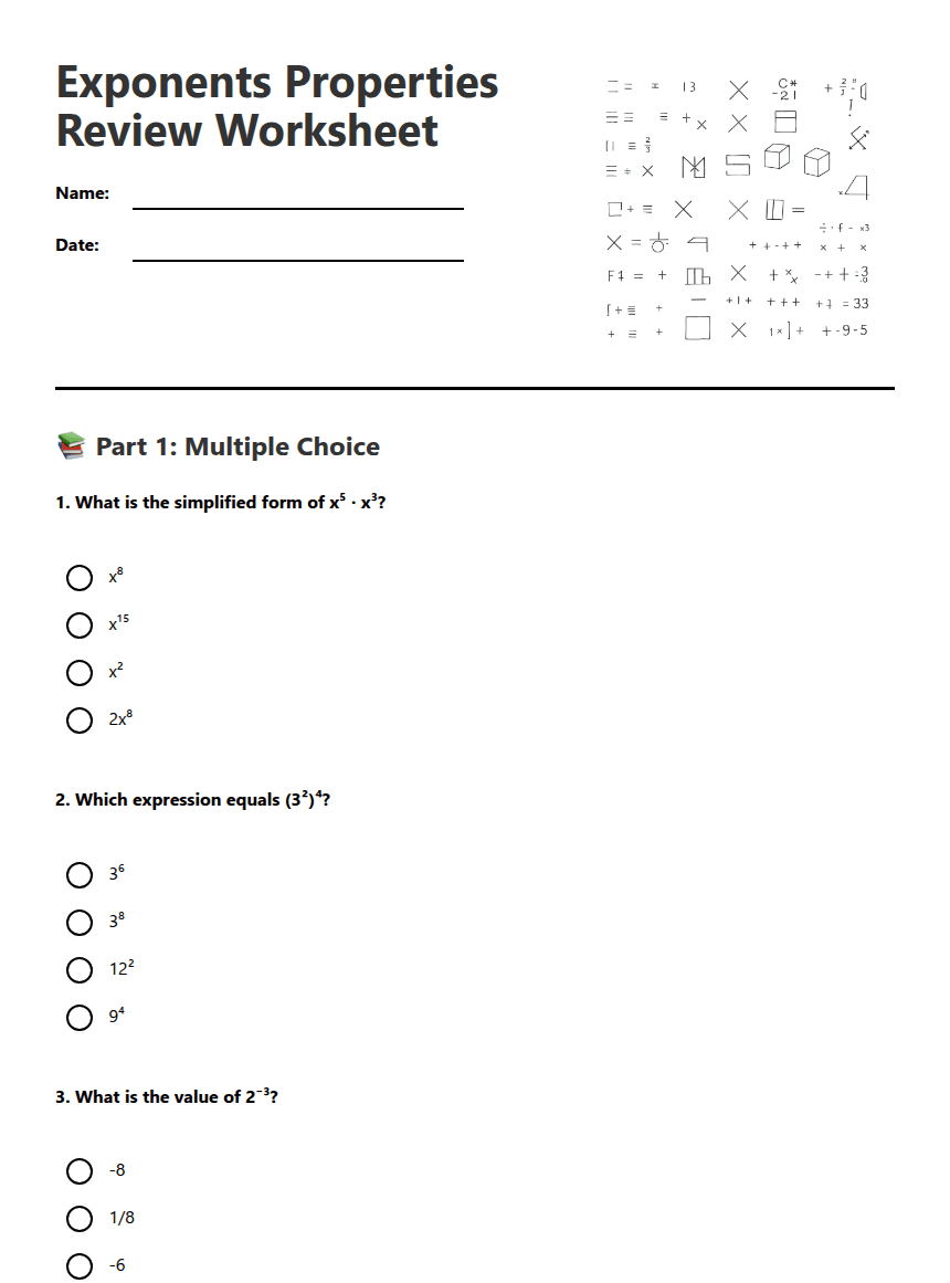 Exponents Properties Review Worksheet worksheet preview