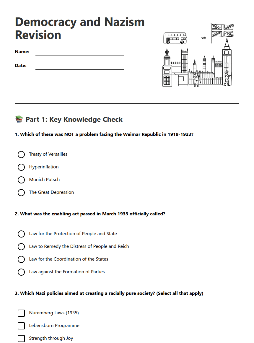 Democracy and Nazism Revision worksheet preview