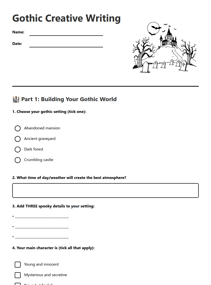 Gothic Creative Writing worksheet preview
