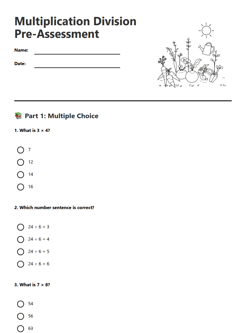 Multiplication Division Pre-Assessment worksheet preview
