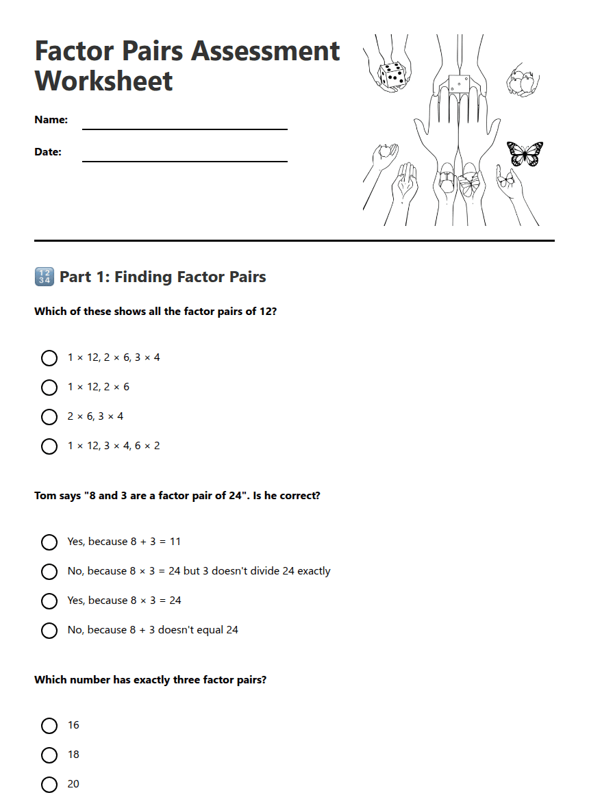 Factor Pairs Assessment Worksheet worksheet preview