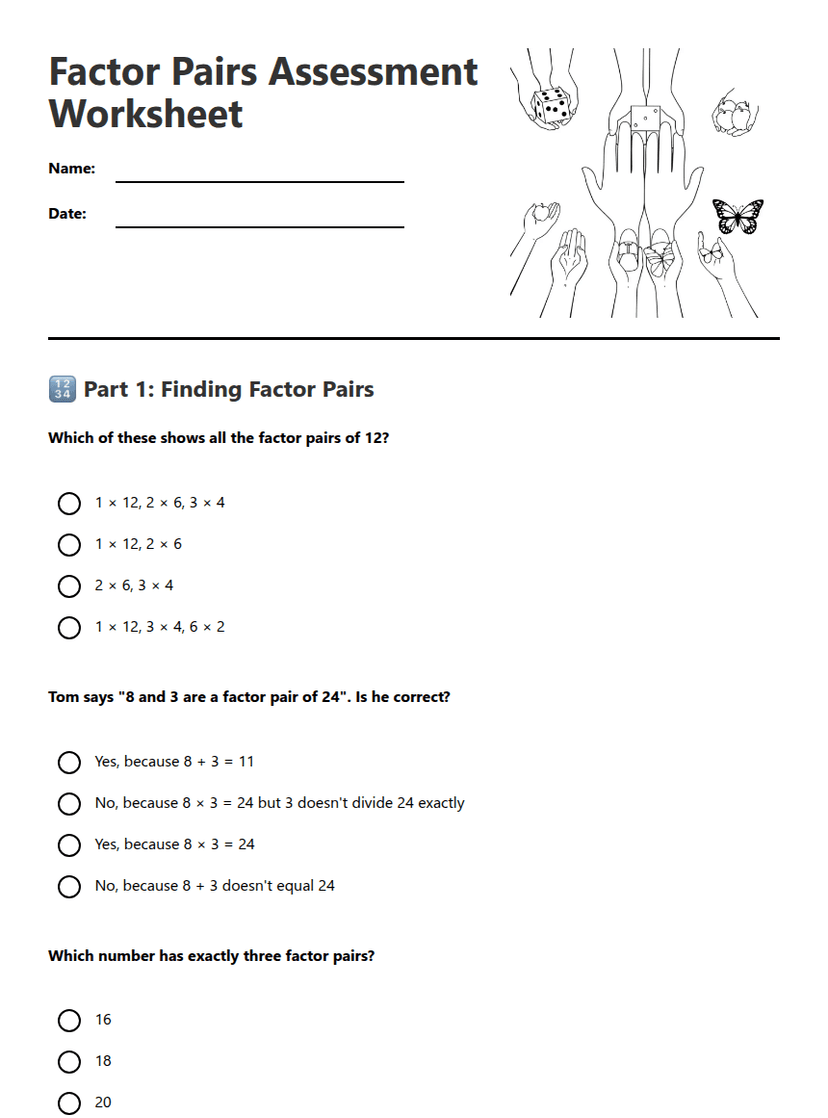 Factor Pairs Assessment Worksheet