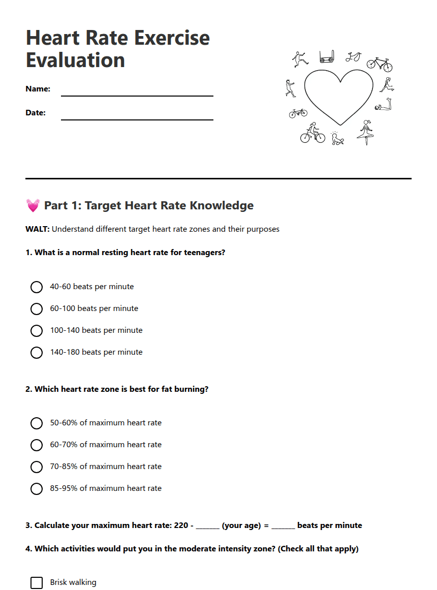 Heart Rate Exercise Evaluation worksheet preview