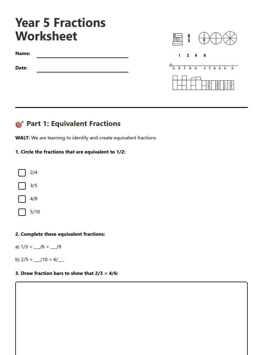 Year 5 Fractions Worksheet worksheet preview