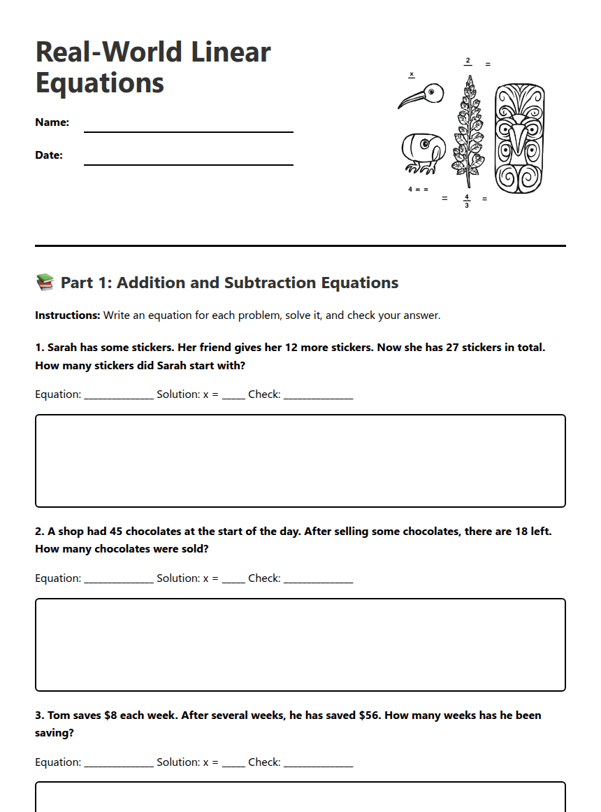 Real-World Linear Equations worksheet preview