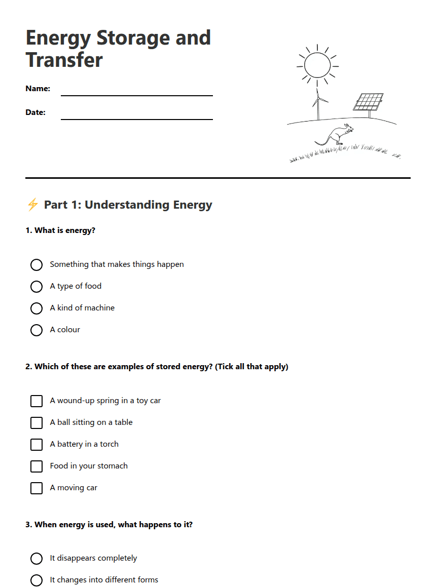 Energy Storage and Transfer worksheet preview