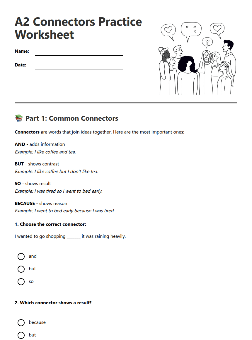 A2 Connectors Practice Worksheet worksheet preview